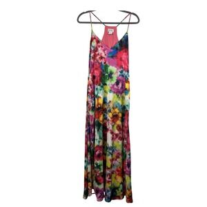 NICOLE MILLER NY Maxi Dress L Abstract Watercolor Dopamine Art To Wear Bold Boho